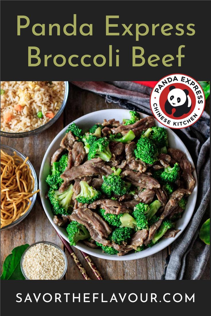 a bowl filled with broccoli and beef next to bowls of rice, chopsticks