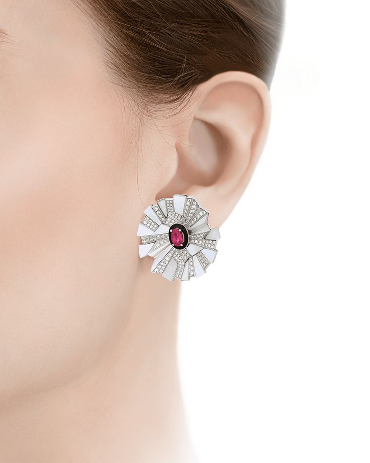 Ruby and Mother-of-Pearl Floral Earrings | M.S. Rau Elegant White Ruby Earrings, Meena Jewellery, Jewelry For Sale, Rare Gemstones, Floral Earrings, Mozambique, M S, Mother Of Pearl, Gemstone Jewelry