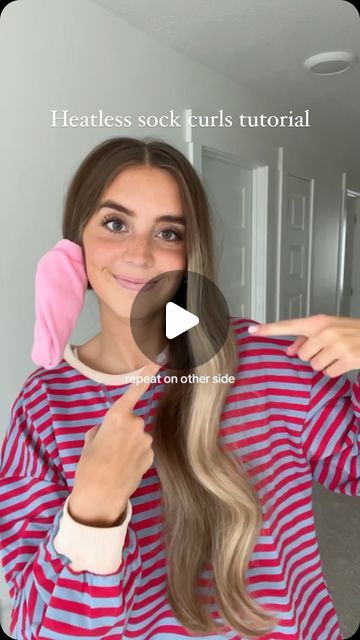 Maddy Millard on Instagram: "My new every night heatless curls 😍😍 so easy too🙌🏻  #hair #hairtok #hairstyle #hairinspo #hairtutorial #hairideas #haircare #healthyhair #longhair #heatlesscurls #sockcurls #sockcurlstutorial #schoolhairstyles #easyhairstyles #trendinghairstyle #viralhairstyle #holidayhair #curlscheck" Step By Step Heatless Curls, Heatless Loose Curls, Heatless Curls Medium Length, Maddy Millard, Diy Heatless Curls, Over Night Curls, Night Curls, Sock Curls, Heatless Curls Overnight