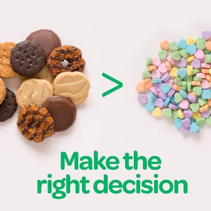 an assortment of cookies and marshmallows with the words make the right decision