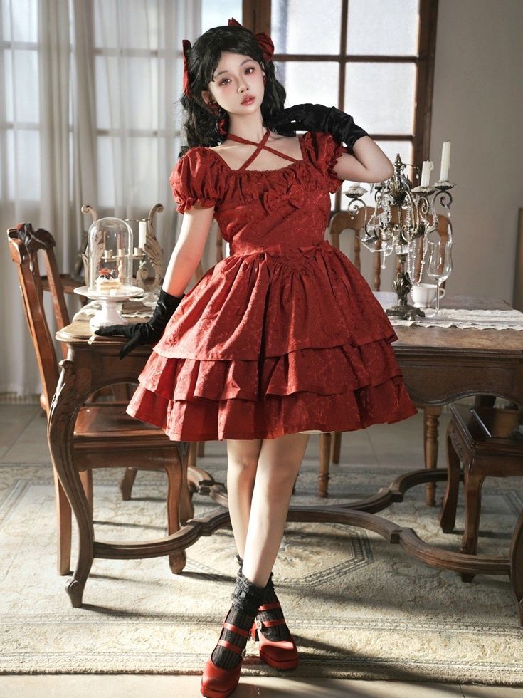 This price includes an OP only, others are not included. Dress / Top Details:Bowknot Details / Hidden Zip at BackDress Waistline:Basque WaistNeckline:Square NecklineSkirt Details:Ruffle Hem / Tiered SkirtSkirt Length:Above KneeSleeves:Puff Sleeves with Ruffle Elastic Cuffs Size S M L XL Bust 86 90 94 98 Waist 68 72 76 80 Full Length 80 81 82 83 Sleeve Length 26 27 28 29 Short Sleeve Ruffled Dresses For Halloween, Short Sleeve Dresses With Ruffles For Halloween, Coquette Ruffle Dress For Costume Party, Vintage Short Sleeve Dress With Ruffles For Party, Fitted Vintage Dress With Ruffles And Short Sleeves, Basque Waist, Lolita Fashion, Square Necklines, Above Knee