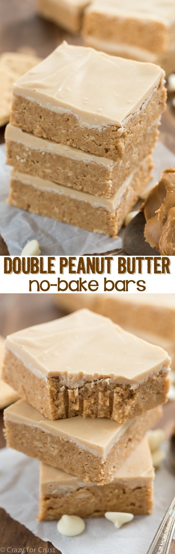 peanut butter no - bake bars are stacked on top of each other and ready to be eaten