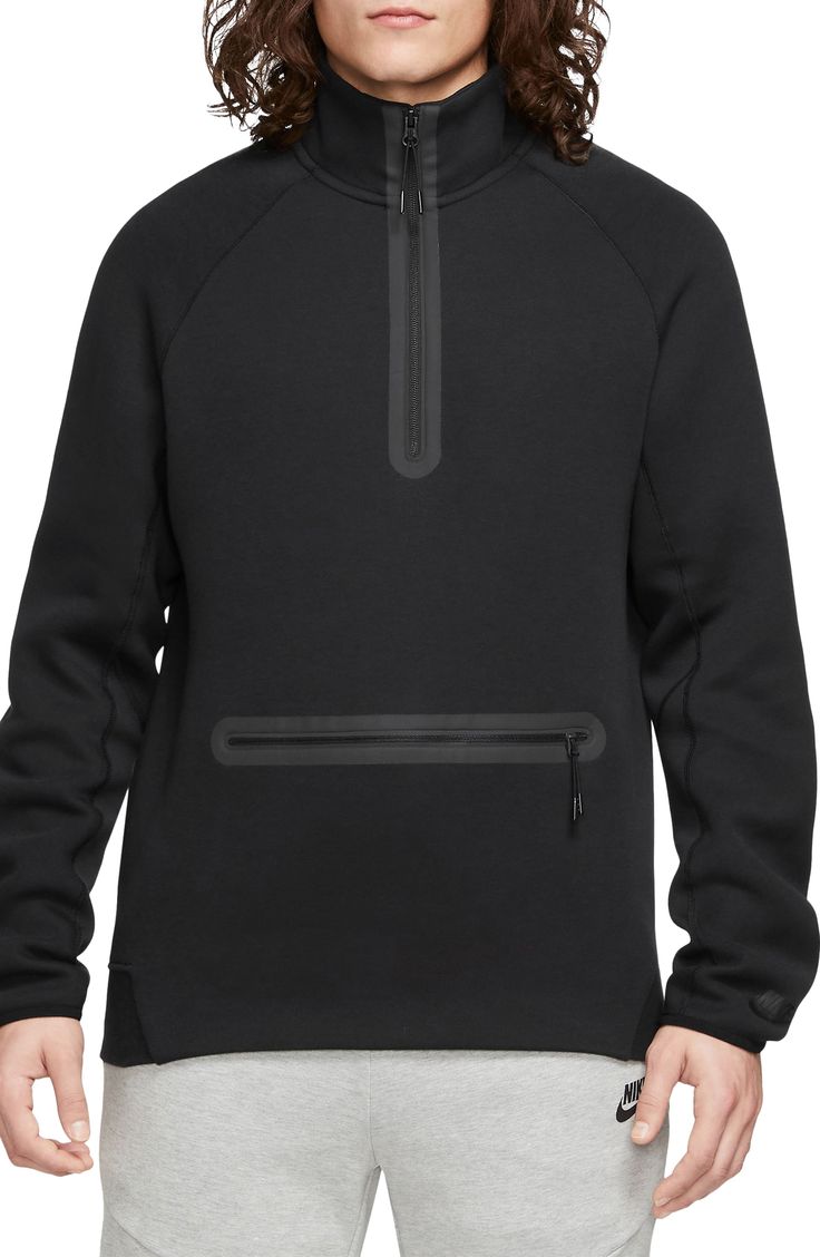 Lightweight Tech Fleece brings softness and warmth without added bulk to a layerable sweatshirt fitted with a zippered front pocket for securing essentials. 27" length (size Medium) Stand collar 53% cotton, 47% polyester Machine wash, tumble dry Imported Fleece Half-zip Sweatshirt With Kangaroo Pocket, Half-zip Fleece Sweatshirt With Kangaroo Pocket, Sporty Fleece Sweater With Pockets, Sports Fleece Top With Pockets, Nike Fleece Half-zip Sweatshirt, Nike Half-zip Fleece Sweatshirt, Fleece Sweatshirt With Side Pockets, Black Fleece Sweater With Pockets, Nike Crew Neck Sweatshirt For Outdoor