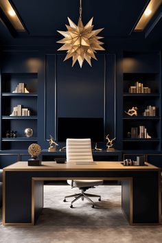 an office with dark blue walls and gold accents