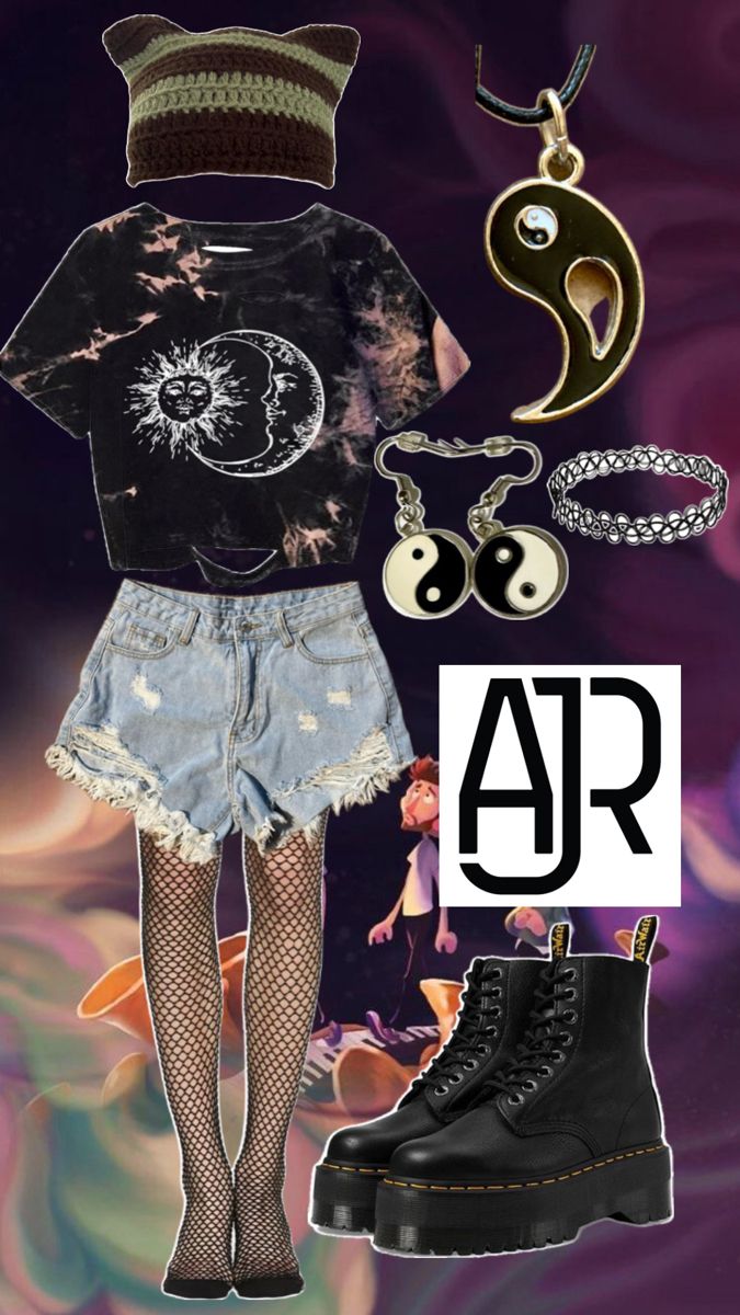 a woman in black shirt and jean shorts with accessories on her head, boots and necklaces