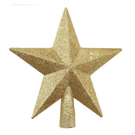 a gold glitter star ornament on a white background