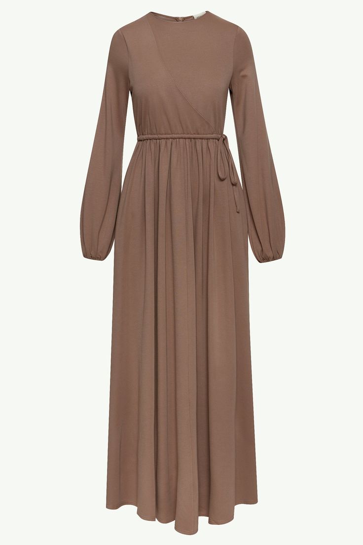 Emma Jersey Elastic Waist Maxi Dress - Taupe Clothing Veiled Fitted Maxi Dress With Balloon Elastic Sleeves, Modest Flowy Beige Maxi Dress, Beige Long Sleeve Modest Maxi Dress, Modest Flowy Maxi Length Abaya, Flowy Maxi-length Abaya For Eid, Plus Size Hijab, Simple Maxi Dress, Modest Summer Dresses, Modest Maxi Dress