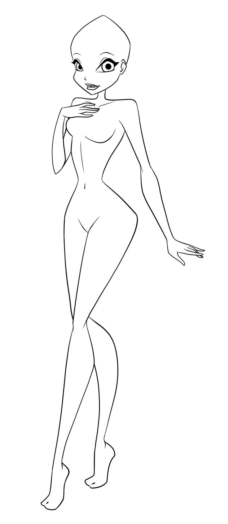 an alien woman in black and white, with her hands on her hips as if she is holding something