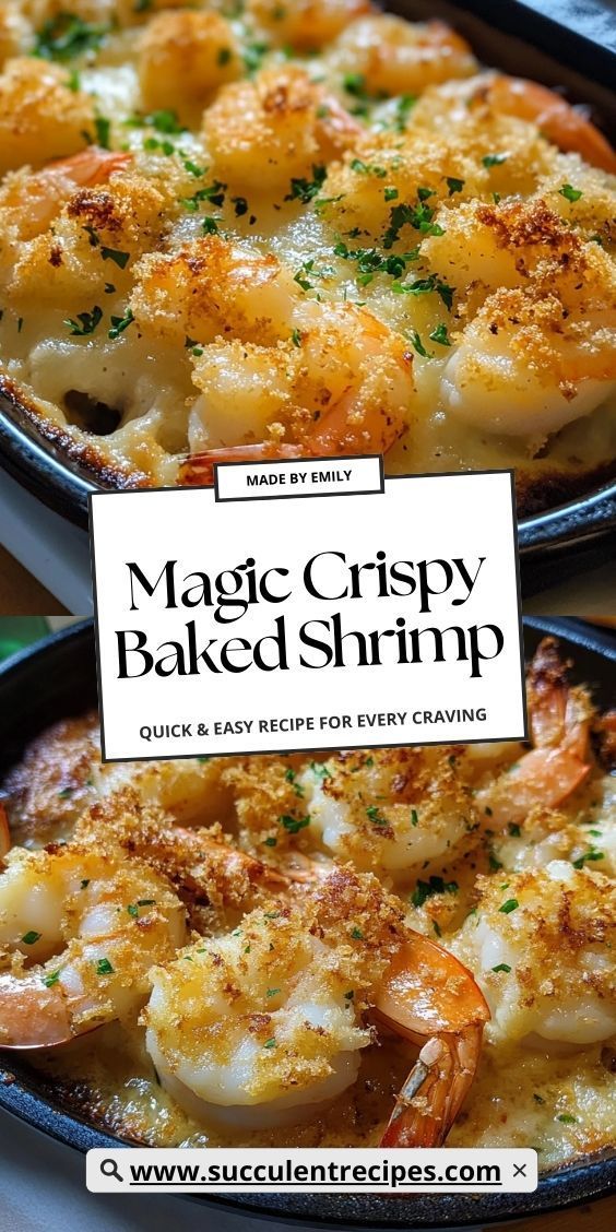 two pans filled with baked shrimp on top of a wooden table next to a sign that says magic crispy baked shrimp