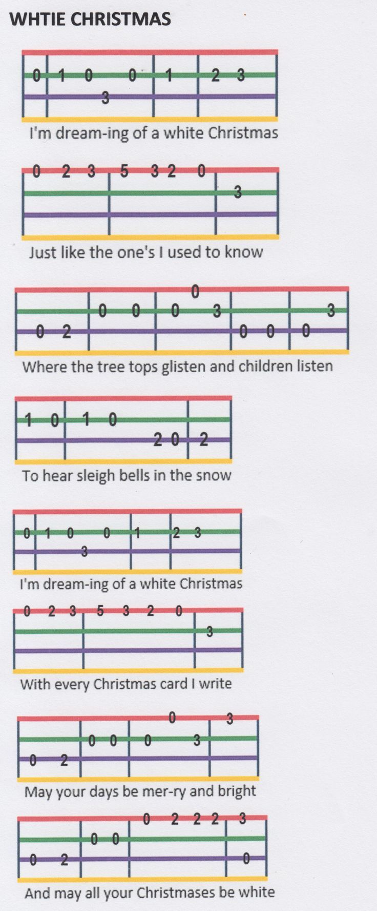 sheet music for children's christmas carols with the words white christmas written in red, green and blue