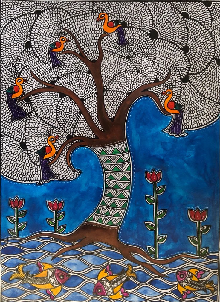 an artistic painting with birds and flowers on the tree branch in front of water, surrounded by clouds