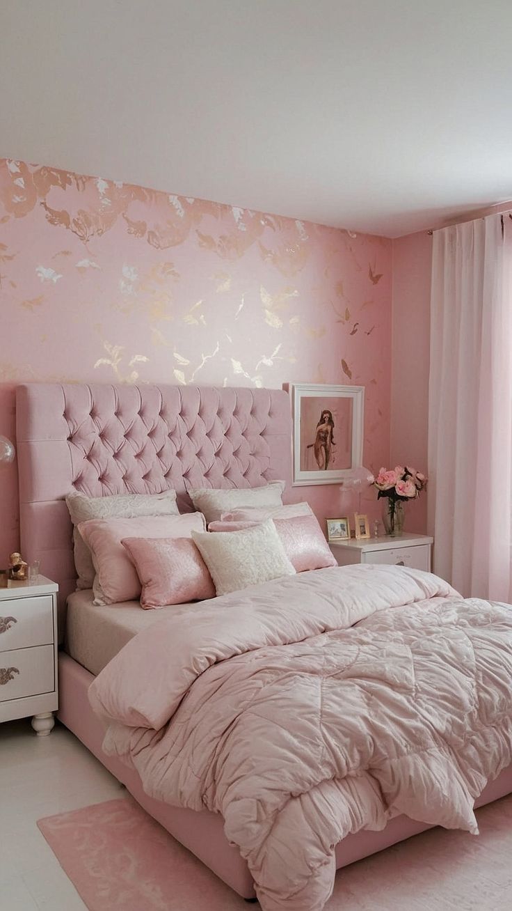 a bedroom decorated in pink and white with an upholstered headboard on the bed