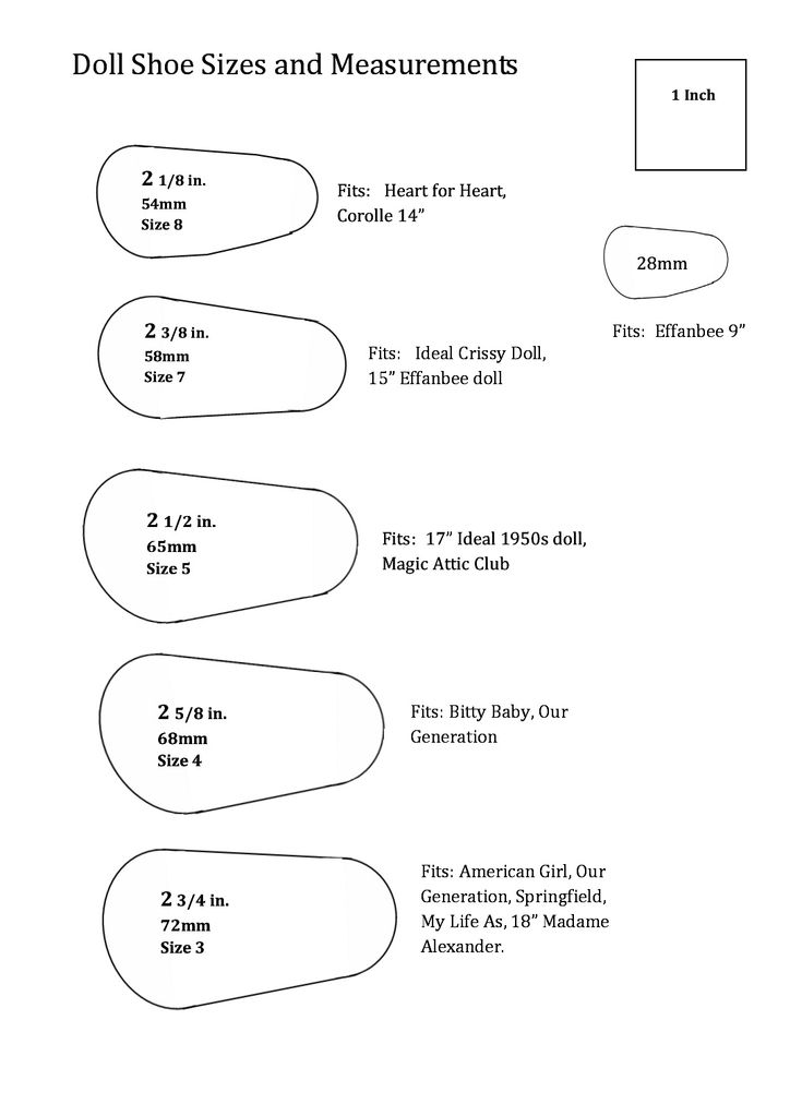 the instructions for how to make doll shoe sizes and measurementss with pictures on them