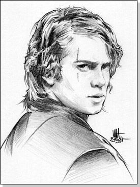 a drawing of a young man with long hair and a serious look on his face