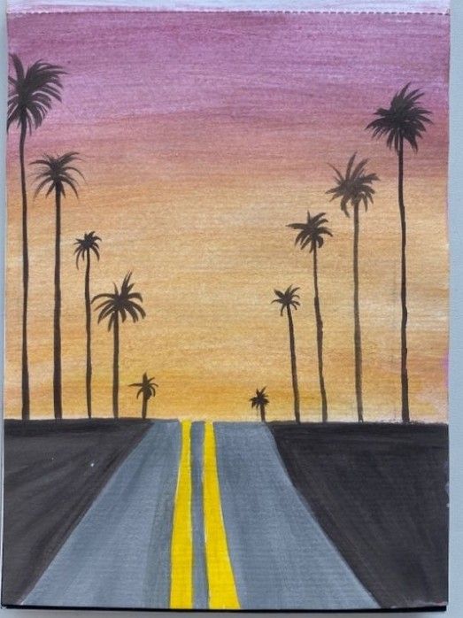 this is an acrylic painting of palm trees on the road in front of a sunset