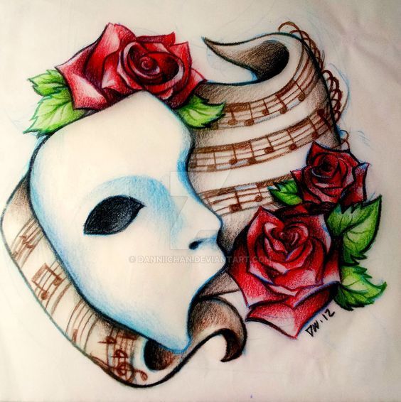 a drawing of a mask with roses around it and music notes on the face,