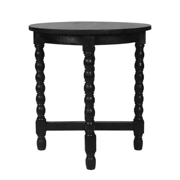 a black wooden table with two legs and a round top on an isolated white background