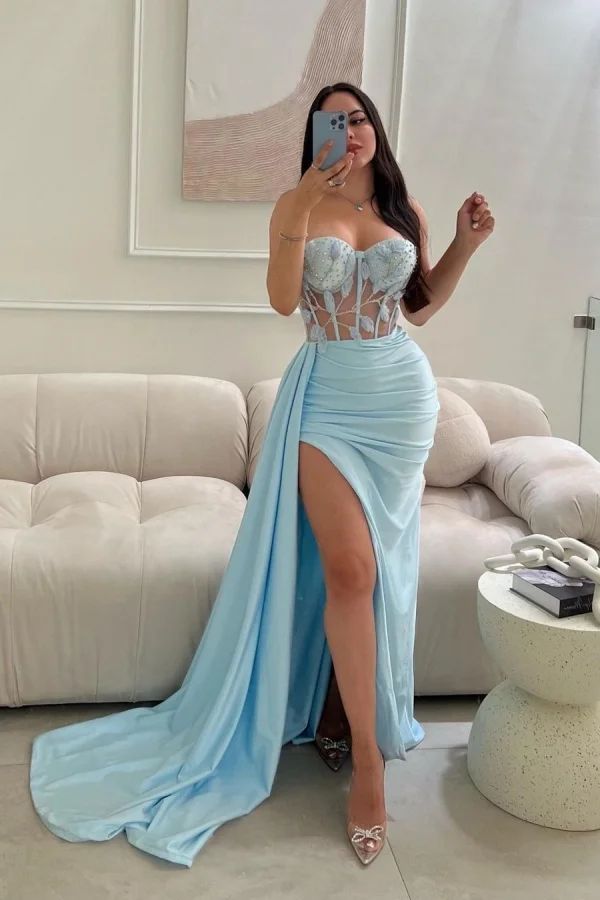 Baby Blue Sleeveless Prom Dress Long Lace Beaded Split YH0022 Blue Birthday Outfits For Women, Matric Dress, Sleeveless Prom Dress, Mermaid Gown Prom, Split Prom Dresses, Prom Dresses Long Lace, Dress With Pleats, Prom Dress Long, Beading Embroidery