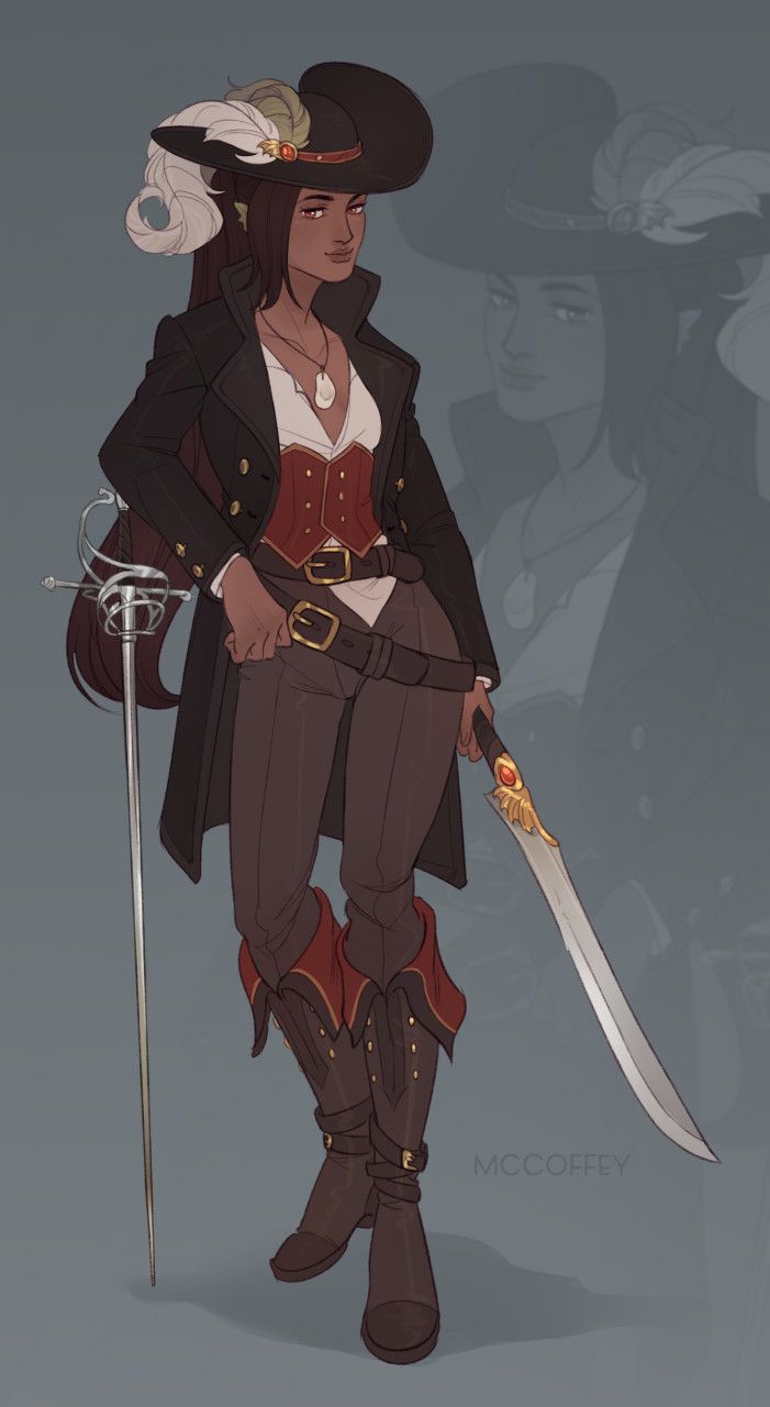 Female Pirates Aesthetic, Pirate Queen Character Design, Steampunk Pirate Character Design, Pirate Clothing Female, Pirate Boots Drawing, Pirate Art Reference, Female Pirate Captain Art, Lesbian Pirate Character Art, How To Draw Pirate Hat