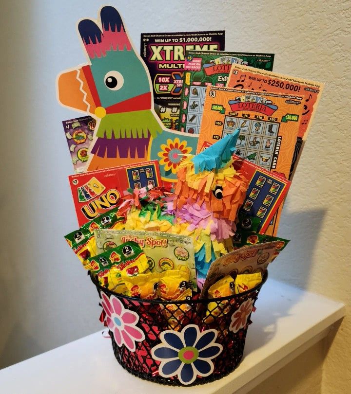 a basket filled with lots of candy sitting on top of a counter next to a wall