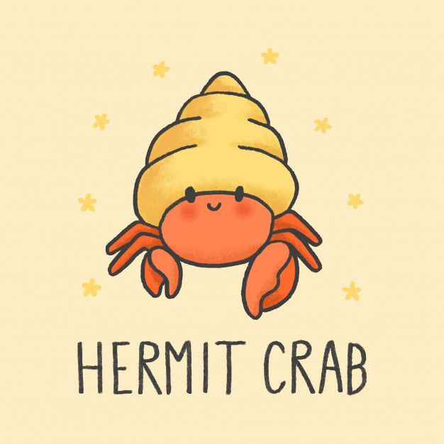 a crab with a hat on its head and the words hermit crab written below it