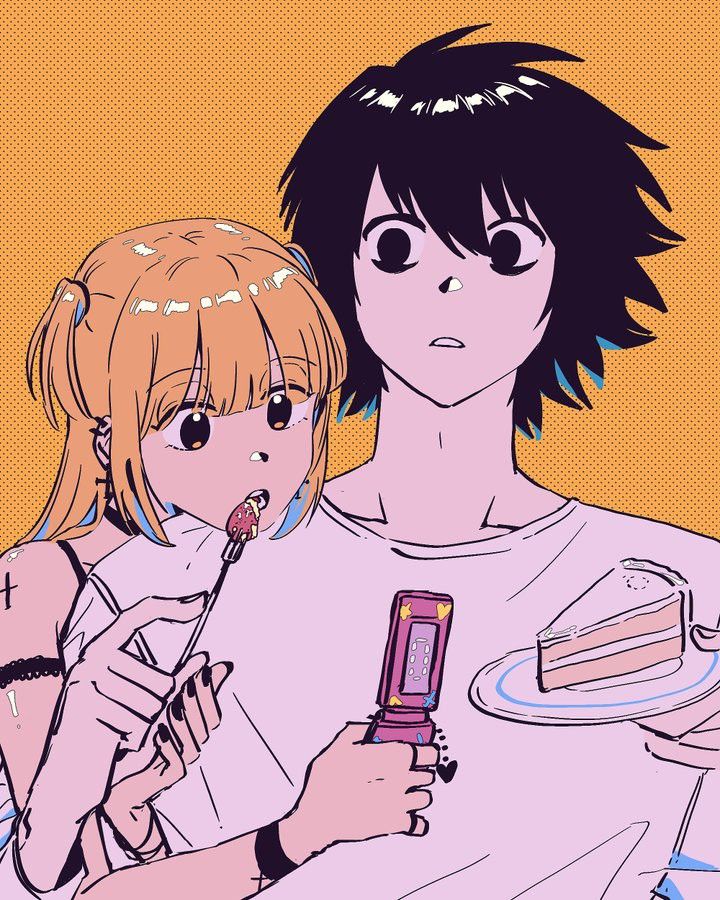 two anime characters one is holding a cell phone and the other has a slice of cake