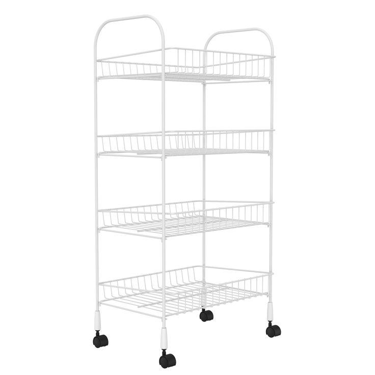 a white metal shelf with four baskets on it's sides and two black wheels