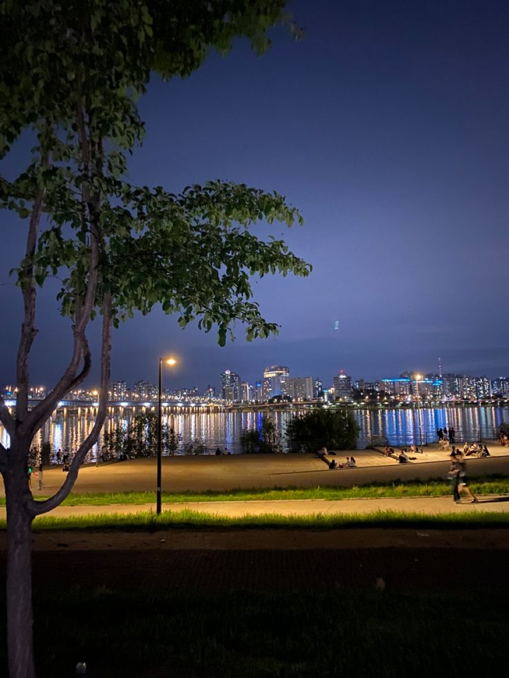 people are sitting on benches near the water at night with city lights in the background