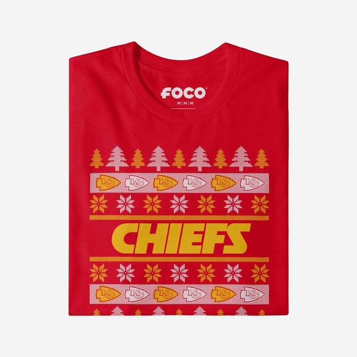 Holiday sweater or t-shirt? Holiday sweater? Or t-shirt? Holiday sweater AND t-shirt. The best of both worlds is the best way to combine your team spirit and holiday spirit. When you put on this Kansas City Chiefs Holiday Sweater T-Shirt, get ready to witness all your fellow fans at the office holiday party or family gathering bow to your festive fandom when they get a load of this one. This top features a design that showcases your all-important team colors and a bold team logo display across t Chiefs Shirt, Kansas City Chiefs Shirts, Calendar Reminder, Chiefs Shirts, Office Holiday Party, Logo Display, Office Holiday, Holiday Sweater, Team Shirts