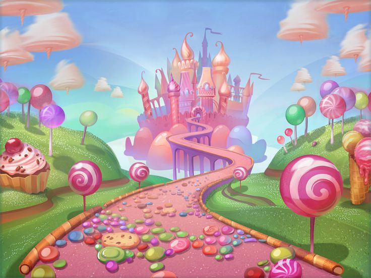 an image of a candy land scene with sweets and lollipops on the ground