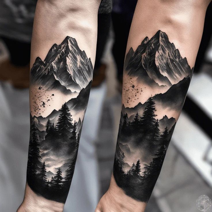 a man's arm with mountains and pine trees on it, done by an artist