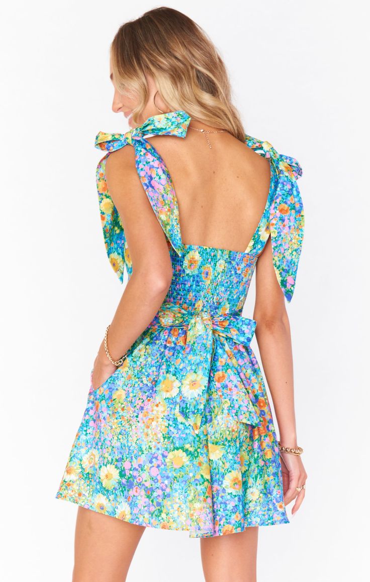 Claire Mini Dress ~ Painterly Petals – Show Me Your Mumu Spring Break Dress, Dress Work Outfit, Flowy Mini Skirt, Square Neck Mini Dress, Rush Dresses, Waist Sash, Rainbow Outfit, Dress Flower, Dress Purchase