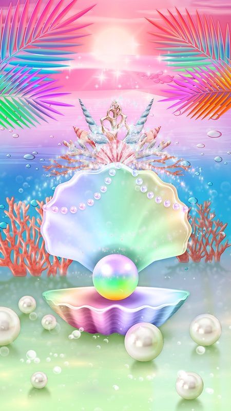 an ocean scene with pearls and palm leaves on the bottom, in pastel colors