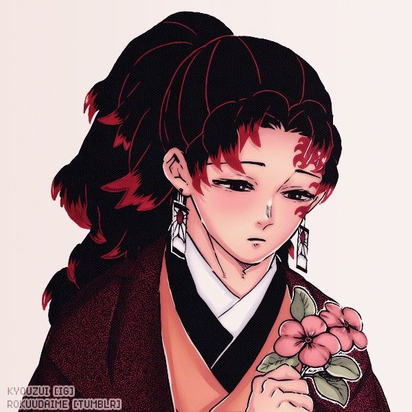 an anime character with red hair and earrings holding a flower in her right hand while looking at the camera