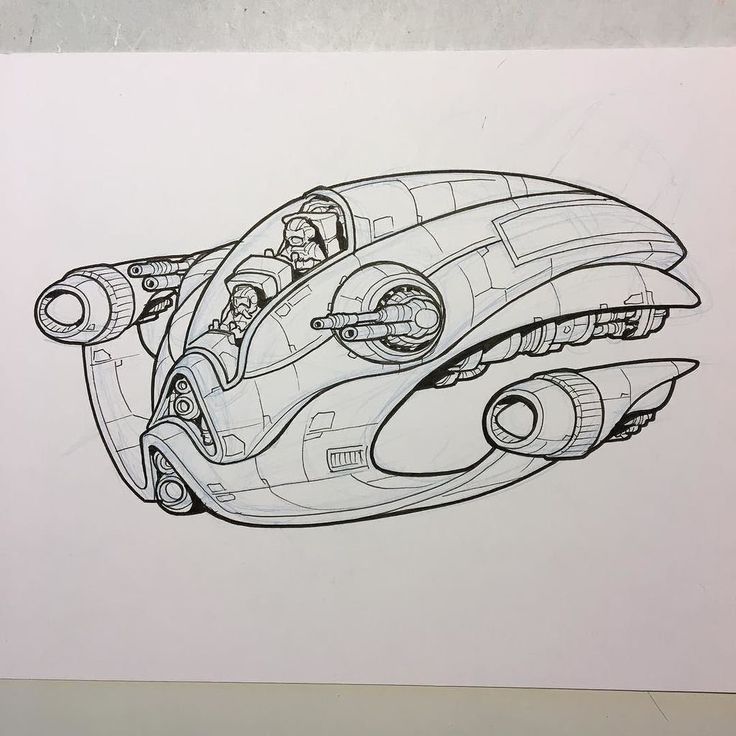 a black and white drawing of a futuristic vehicle with people in it's cockpit