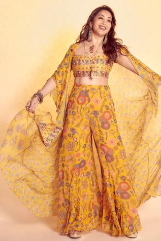 Shop for DiyaRajvvir Yellow Shantoon Printed Cape And Pant Set for Women Online at Aza Fashions Celebrity Image, Blouse Sari, Long Cape, Hem Pants, Cropped Blouse, How To Hem Pants, Embroidered Neckline, Crop Blouse, Pant Set