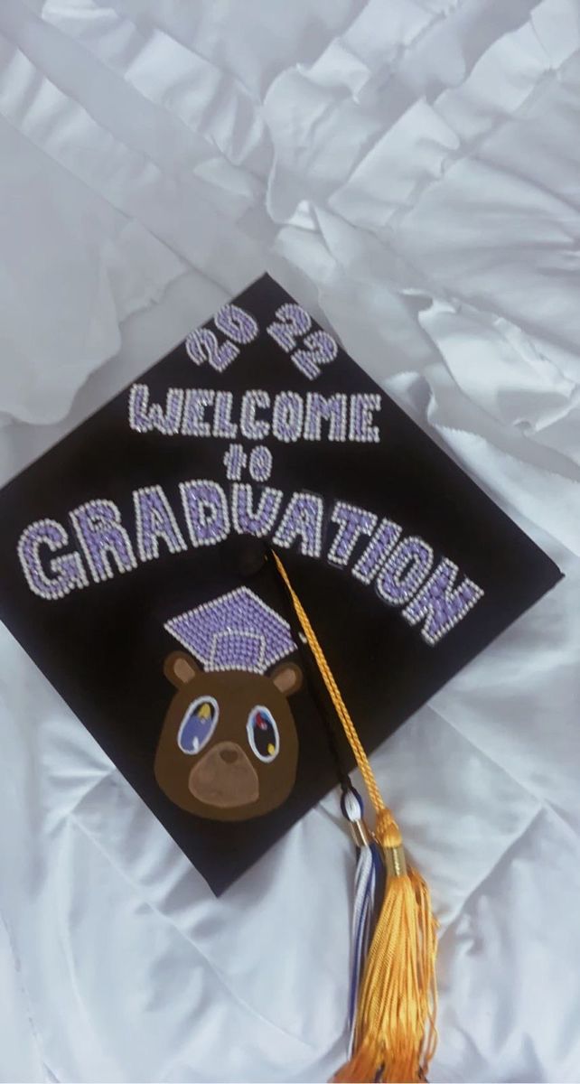 a graduation cap with the words welcome to gradulation written in white on it