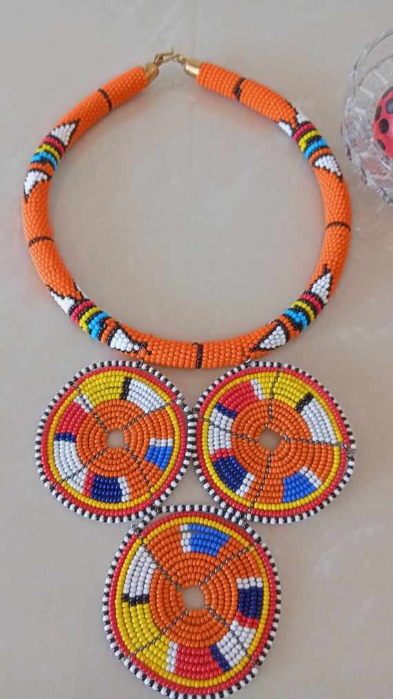 ON SALE African Zulu Pendant Necklace, African Beaded Necklace, Orange African Jewelry, Tribal Neckl African Jewelry Diamond, Cultural Jewelry, African Beaded Necklace, African Jewellery, Homemade Necklaces, Seashell Bracelet, Cowrie Shell Necklace, Necklace African, Necklace Orange