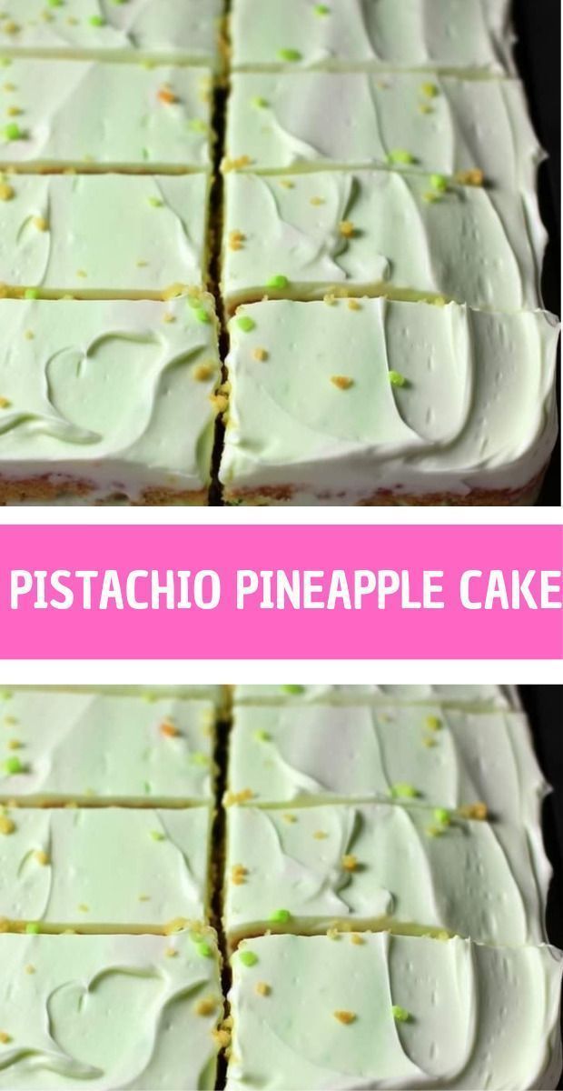 two pictures showing how to make pistachio pineapple cake with white frosting