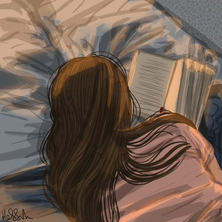 a woman laying in bed reading a book with her long hair flowing over her shoulder