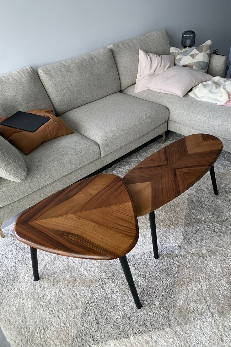 a living room with a couch, coffee table and pillows on the floor in front of it