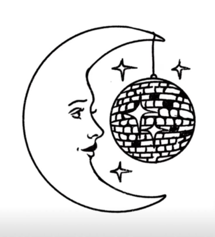 a black and white drawing of a moon with a face hanging from it's side