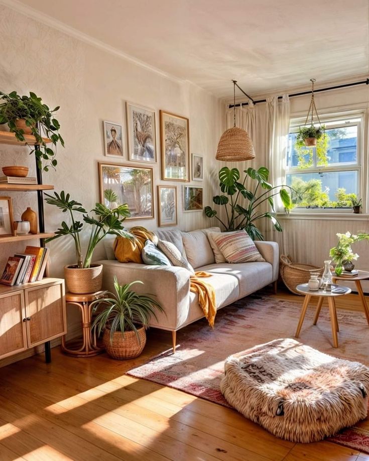 a living room filled with furniture and lots of plants