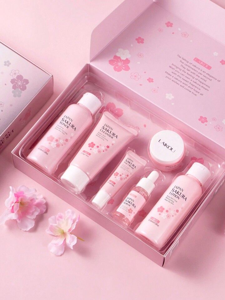 1Set 6Pcs Brighten Skin Tone LAIKOU Japan Sakura Skincare Set, Deep Nourishing Skin Care Gift Box Facial Serum 17ml & Eye Cream 15g & Toner 100ml & Lotion 100ml & Cleanser 50g & Face Cream 25g Anti-Aging Skin Care For Women, Mom, Wife, Sister, Teen, Girl Friend SPA Wedding Gift | SHEIN USA Laikou Sakura, Skincare Business, Japan Sakura, Wishlist 2024, Safe Skincare, Makeup Stuff, Cream Serum, Shopify Design, Skincare Gift Set