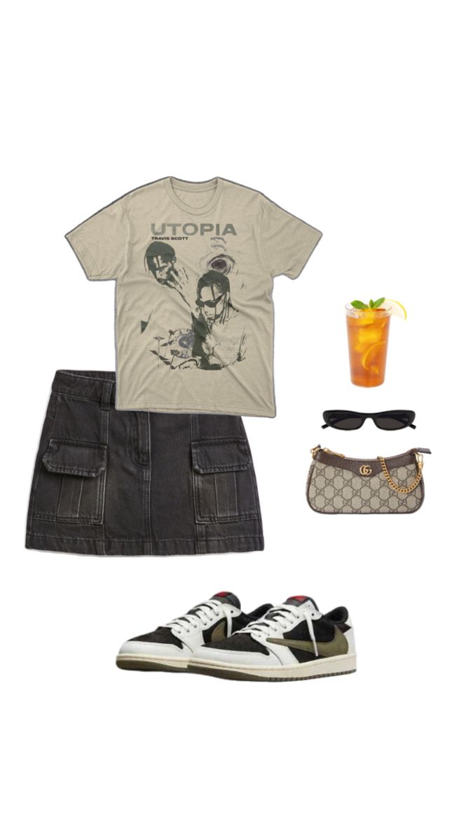 a white shirt, black skirt and sneakers are arranged in front of an orange drink