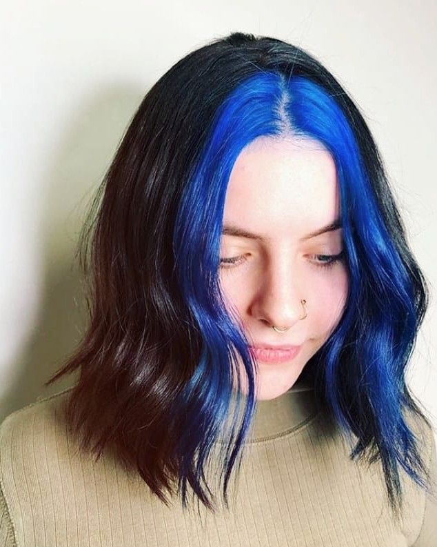 Blue Black Shoulder Length Hair, Blue Hair In Front Only, Electric Blue Money Piece Hair, Black Hair With Blue Front Pieces, Blue Hair Front Pieces, Black Hair Blue Money Piece, Blue Curtain Bangs, Money Piece Hair Blue, Black And Blue Hair Short