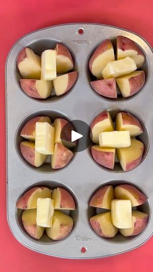 apples and cheese in a muffin tin on a red surface with the bottom half cut off