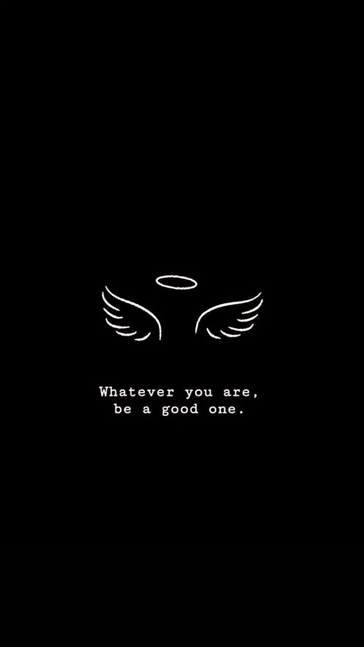 a black background with an angel quote on the bottom right corner and white wings above it