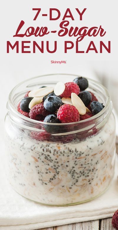 an image of a bowl of food with berries and almonds on the side text reads 7 - day low - sugar menu plan