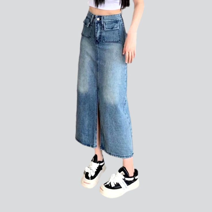 Our 2023 Spring-Summer Collection is here to give you the best of both worlds! Unveil a classic. sanded. long. high-waist denim skirt with flap pocket and zipper & button closure the perfect blend of timeless style and modern trendy.Why You'll Fall In LoveThis everlasting piece offers endless styling options and will help you stand out in any crowd. Its baggy and lively silhouette will ensure you move with grace and comfort. The sanded finish adds depth and character to the skirt. while the zipp Trendy Mid-rise Skirt With Pockets, Trendy Mid-rise Denim Skirt With Pockets, Dark Wash Mid-rise Denim Skirt With Pockets, Mid-rise Dark Wash Denim Skirt With Pockets, Spring Denim Skirt With Patch Pockets, High Waist Denim Skirt With Pockets, Trendy High Waist Denim Skirt With Side Pockets, Trendy High-waisted Denim Skirt With Side Pockets, Trendy Light Wash Denim Skirt With Pockets